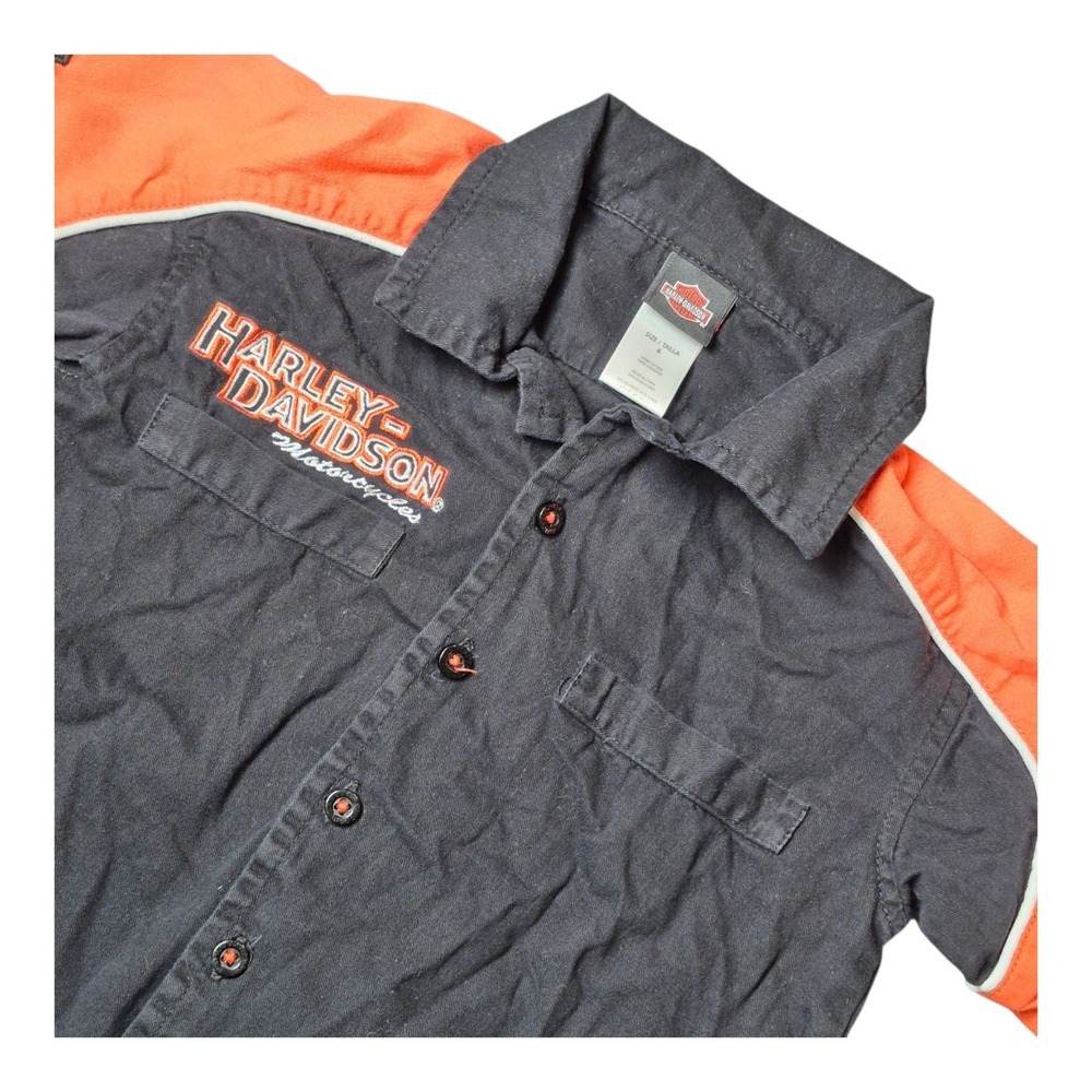 Harley-Davidson Boys 6 Black Orange Button Up Shirt Logo Patches Motorcycle